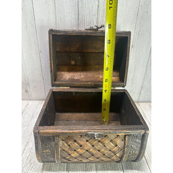 Vintage Jewelry Trinket Treasure Box Wood Wicker Rattan Hinged Lid w/ Top Handle - Picture 10 of 10